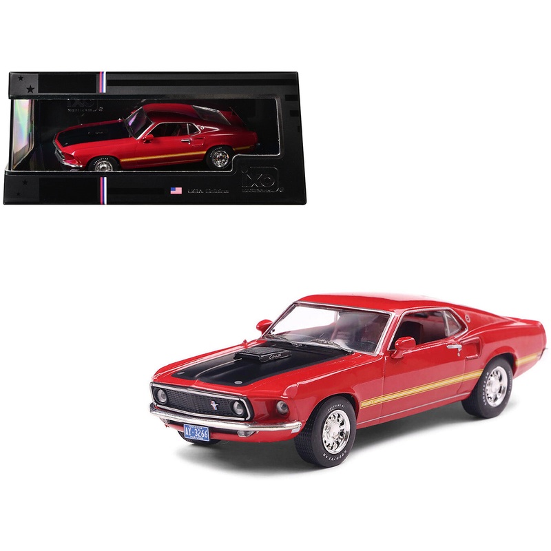 1969 Ford Mustang Mach 1 Calypso Coral Red with Black Hood and Yellow Stripes 1/43 Diecast Model Car by IXO Models