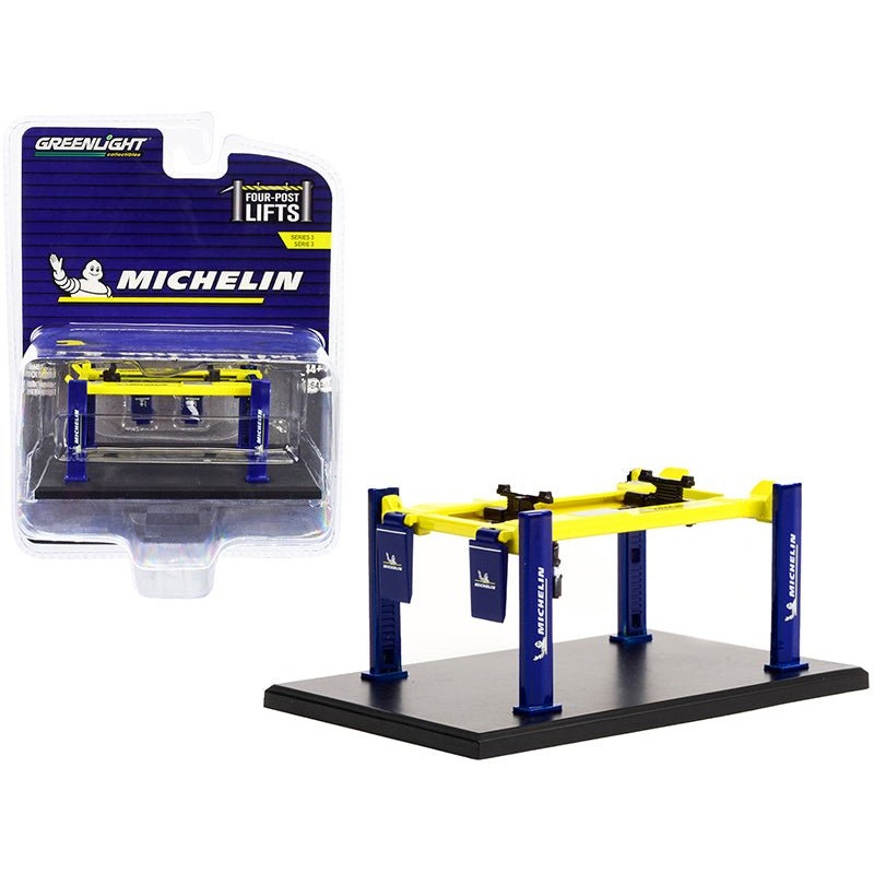 Adjustable Four-Post Lift “Michelin” Blue and Bright Yellow “Four-Post Lifts” Series 3 1/64 Diecast Model by Greenlight