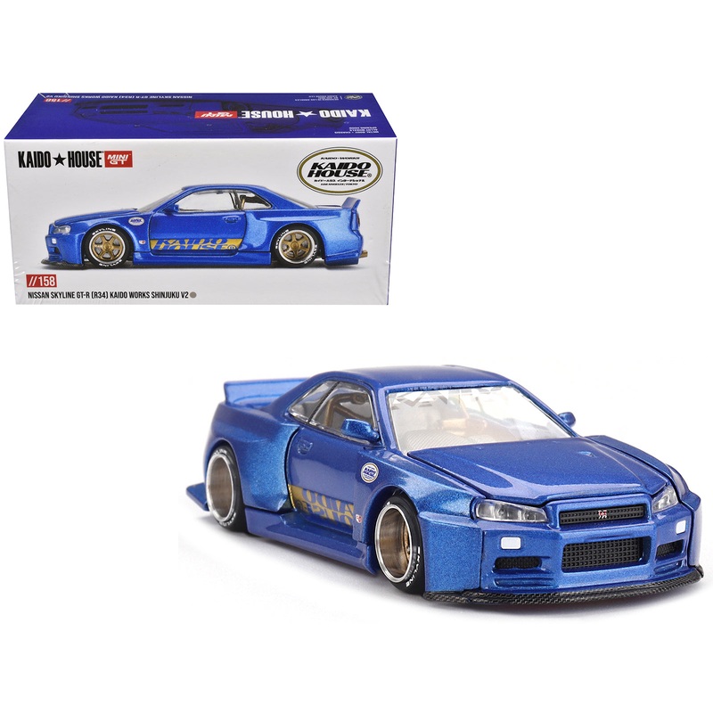 Nissan Skyline GT-R (R34) “SHINJUKU V2 Aero” RHD (Right Hand Drive) Blue Metallic (Designed by Jun Imai) “Kaido House” Special 1/64 Diecast Model Car by Mini GT