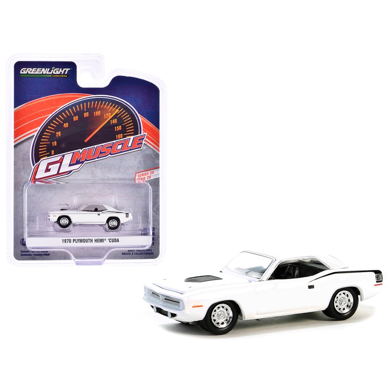 1970 Plymouth Hemi Barracuda Alpine White with Black Stripes “GreenLight Muscle” Series 28 1/64 Diecast Model Car by Greenlight