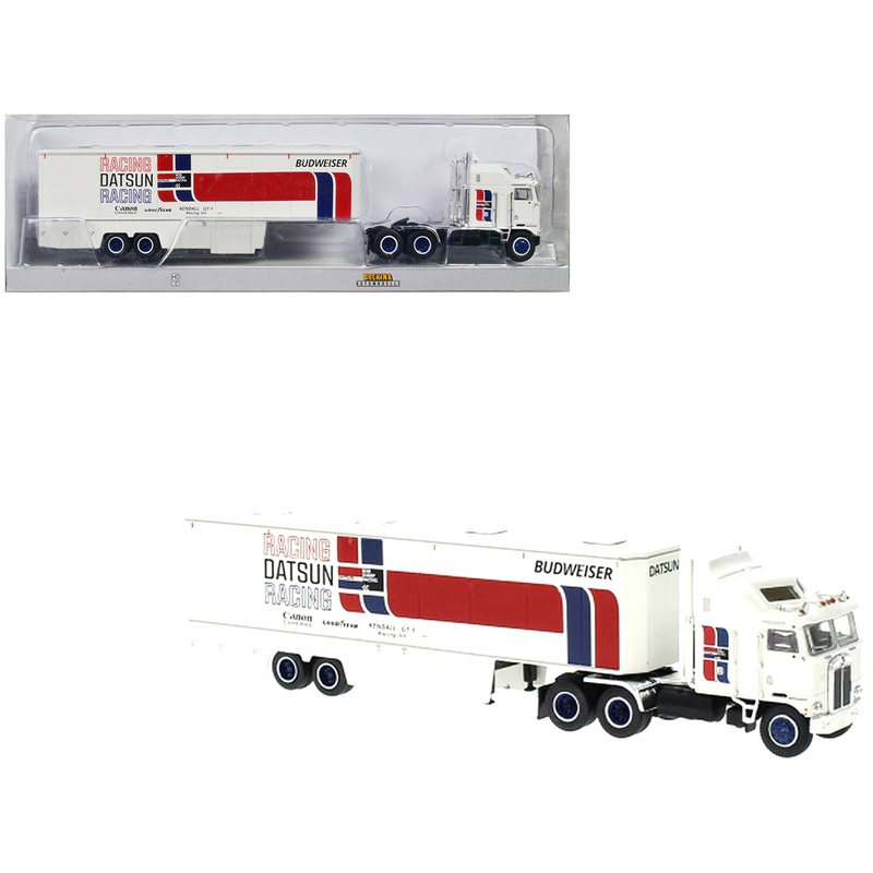 1980 Kenworth K-100 COE Aerodyne Transporter White “Datsun Racing” 1/87 (HO) Scale Model Car by Brekina