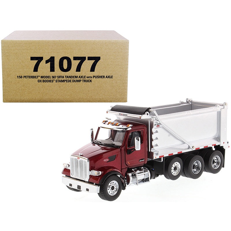 Peterbilt 567 SFFA Tandem Axle with Pusher Axle OX Stampede Dump Truck Red and Chrome “Transport Series” 1/50 Diecast Model by Diecast Masters