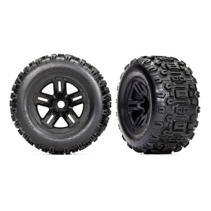 Traxxas – 9672 – Tires & Wheels 3.8″ Assembled – Glued Black Wheels Sledgehammer Tires Foam Inserts) (2) (Sledge)