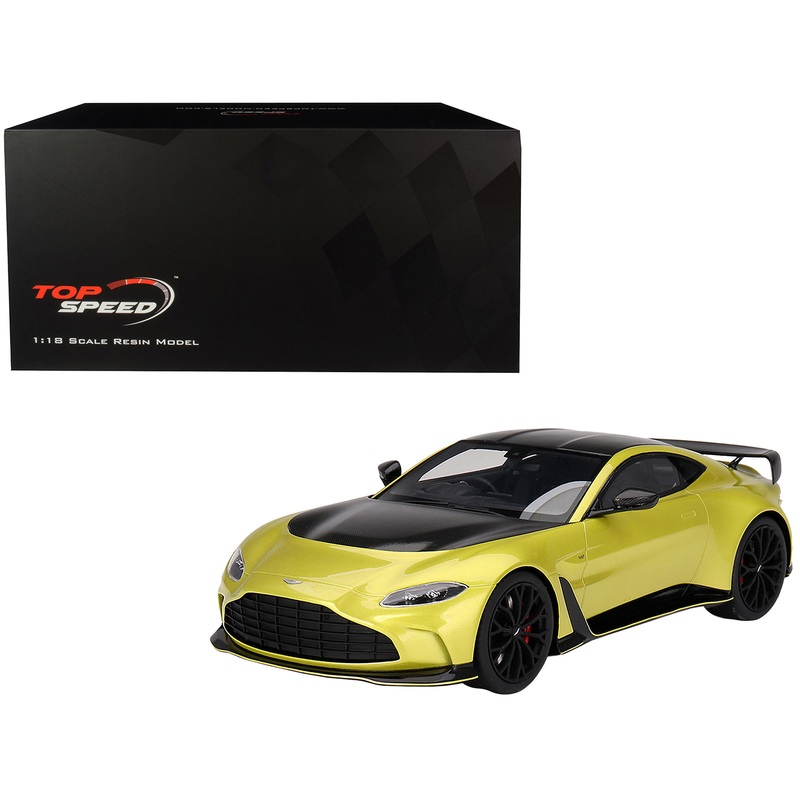 2022 Aston Martin V12 Vantage RHD (Right Hand Drive) Cosmopolitan Yellow with Black Hood and Top 1/18 Model Car by Top Speed