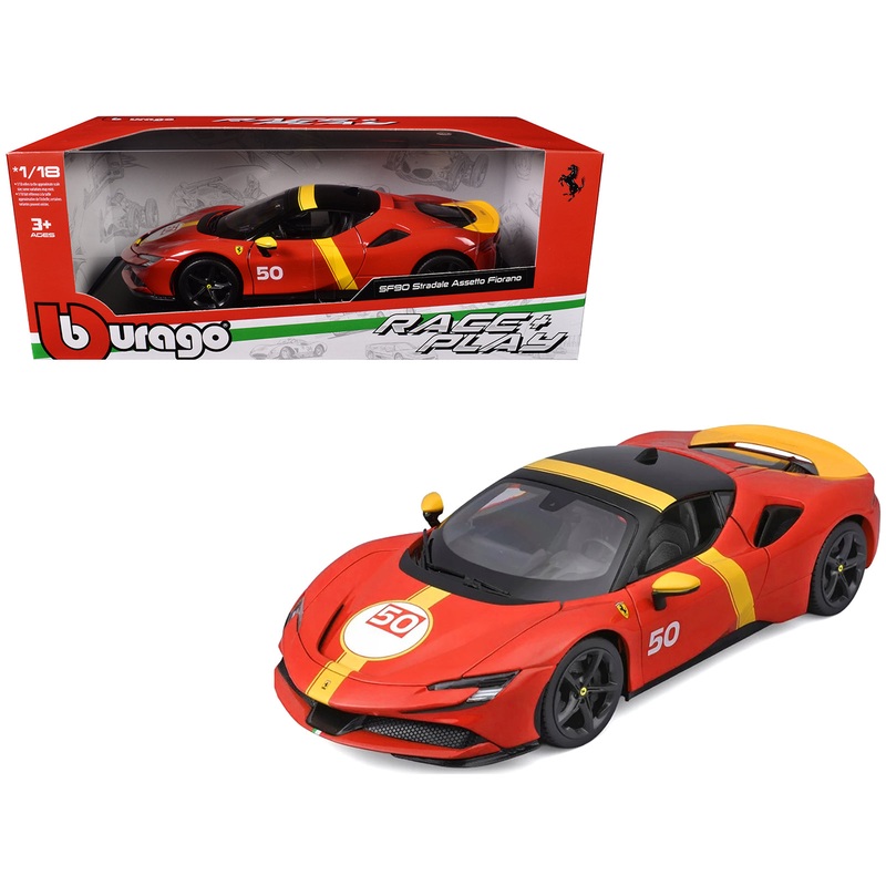 Ferrari SF90 Stradale Assetto Fiorano #50 Red with Black Top and Yellow Stripes “Race + Play” Series 1/18 Diecast Model Car by Bburago