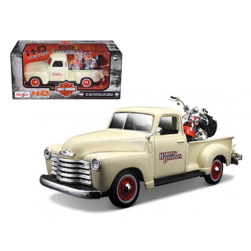 1950 Chevrolet 3100 Pickup Truck Cream 1/25 and 2001 FLSTS Heritage Springer Motorcycle Orange 1/24 “Harley-Davidson Custom” Series Diecast Models by Maisto