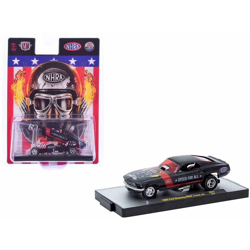 1969 Ford Mustang NHRA Funny Car Black Metallic with Red Stripes and Graphics Limited Edition to 3762 pieces Worldwide 1/64 Diecast Model Car by M2 Machines