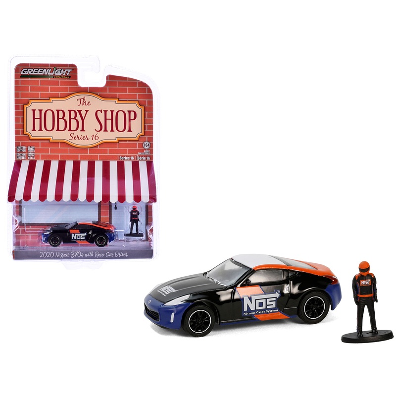2020 Nissan 370z “NOS Nitrous Oxide Systems” Black with Graphics and Race Car Driver “The Hobby Shop” Series 16 1/64 Diecast Model Car by Greenlight
