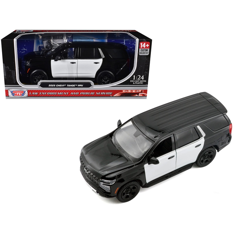 2025 Chevrolet Tahoe PPV Black and White “Custom Builder’s Kit – Law Enforcement and Public Service” Series 1/24 Diecast Model Car by Motormax