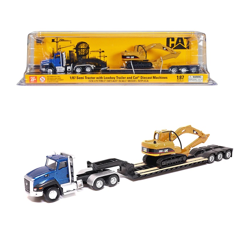 CAT Caterpillar CT660 Day Cab Tractor Blue Metallic with Lowboy Trailer and CAT 315C L Hydraulic Excavator Yellow 1/87 (HO) Diecast Model by Diecast Masters