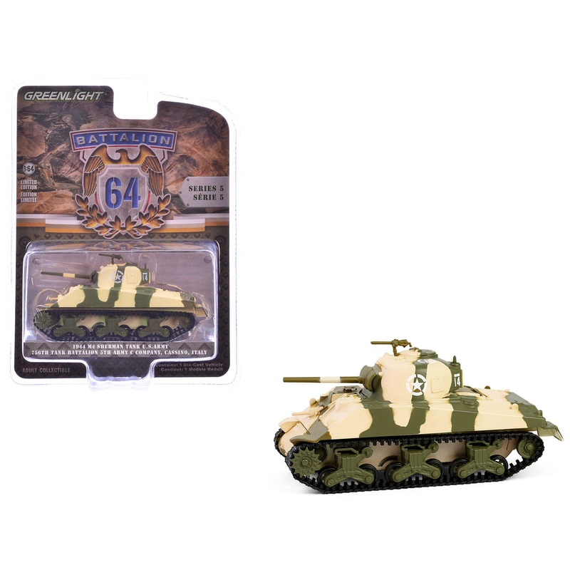 1944 M4 Sherman Tank “U.S. Army 756th Tank Battalion 5th Army C Company Cassino Italy” Camouflage “Battalion 64” Series 5 1/64 Diecast Model Car by Greenlight