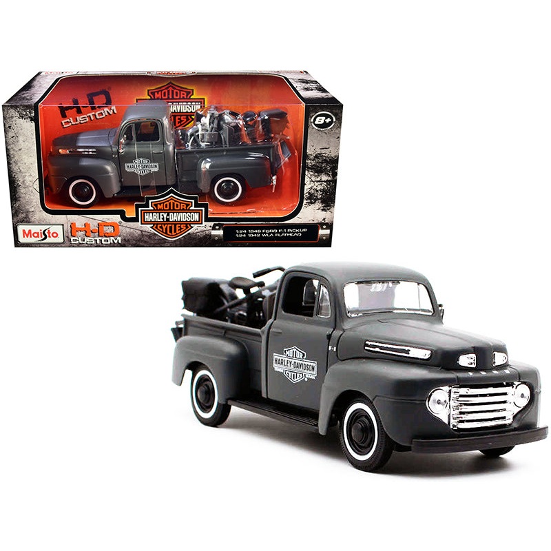 1948 Ford F-1 Pickup Truck and 1942 Harley-Davidson WLA Flathead Motorcycle Matt Dark Gray “Harley-Davidson Custom” 1/24 Diecast Models by Maisto