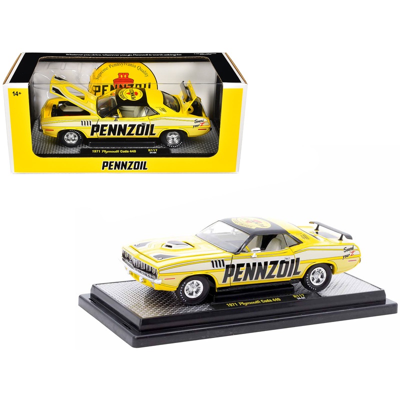 1971 Plymouth Barracuda 440 Yellow with Gray Stripes and Black Top “Pennzoil” Limited Edition to 6250 pieces Worldwide 1/24 Diecast Model Car by M2 Machines