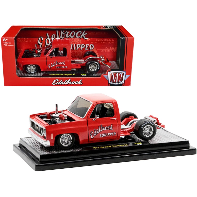 1973 Chevrolet Cheyenne Super 10 Square Body Bedless Truck Bright Red with Graphics “Edelbrock” Limited Edition to 3550 pieces Worldwide 1/24 Diecast Model Car by M2 Machines