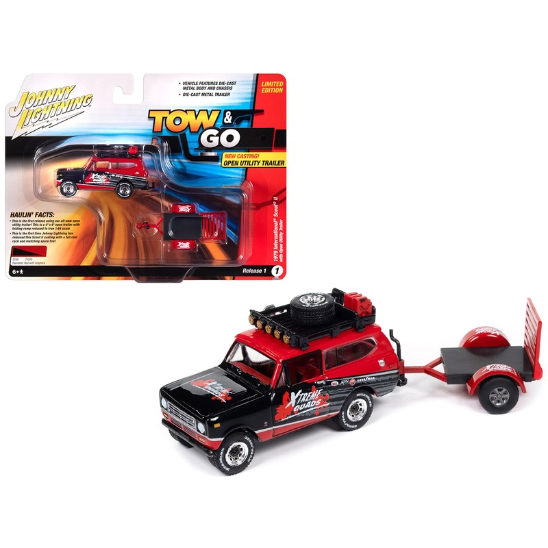 1979 International Scout II Red and Black “Xtreme Quads” with Open Utility Trailer “Tow & Go” Series 1/64 Diecast Model Car by Johnny Lightning