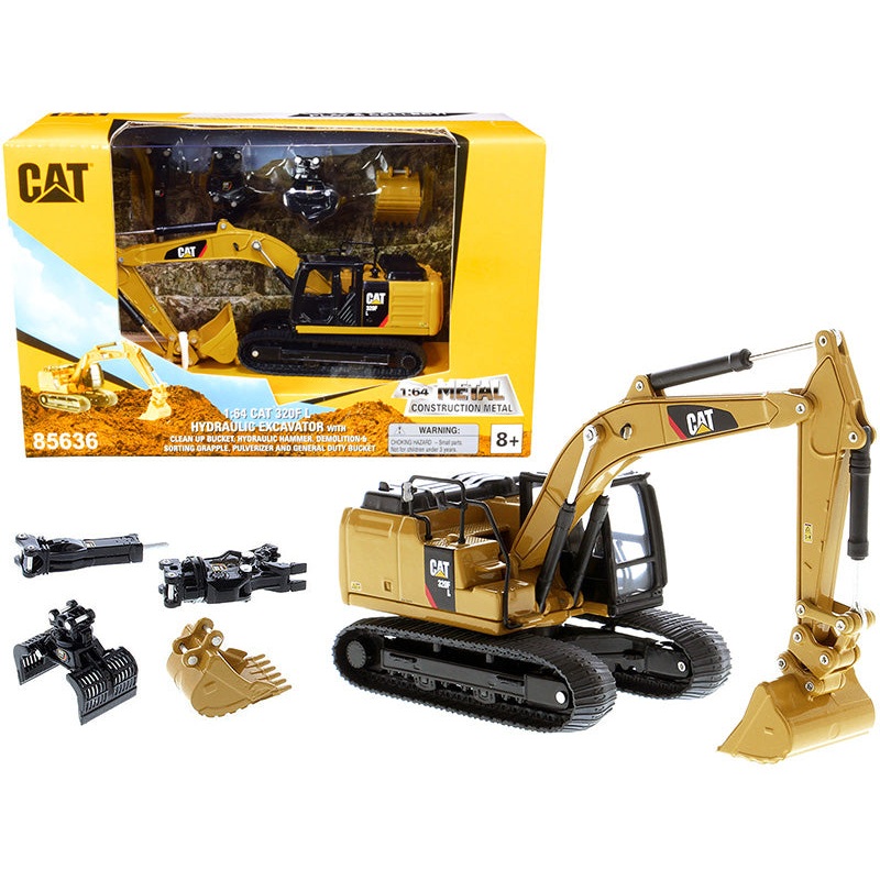 CAT Caterpillar 320F L Hydraulic Tracked Excavator with 5 Work Tools “Play & Collect!” 1/64 Diecast Model by Diecast Masters