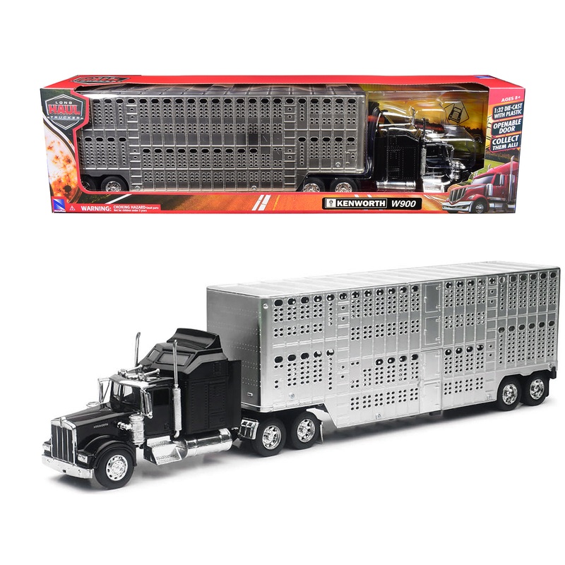 Kenworth W900 Truck Black with Pot Belly Livestock Chrome “Long Haul Truckers” Series 1/32 Diecast Model by New Ray