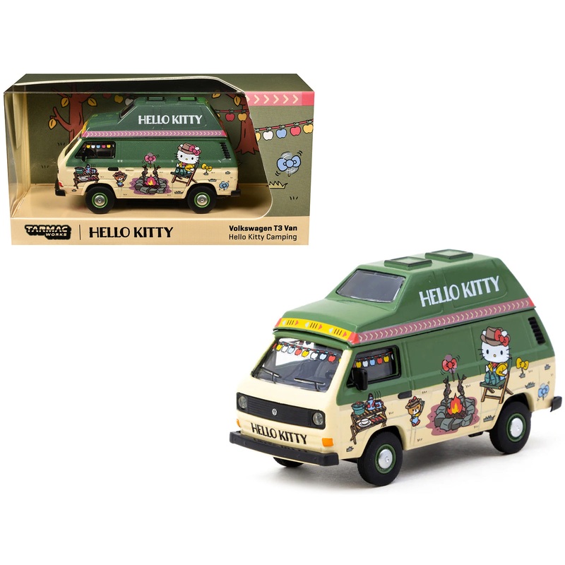 Volkswagen T3 Van “Hello Kitty Camping” Green and Beige with Graphics “Collab64” Series 1/64 Diecast Model Car by Schuco & Tarmac Works