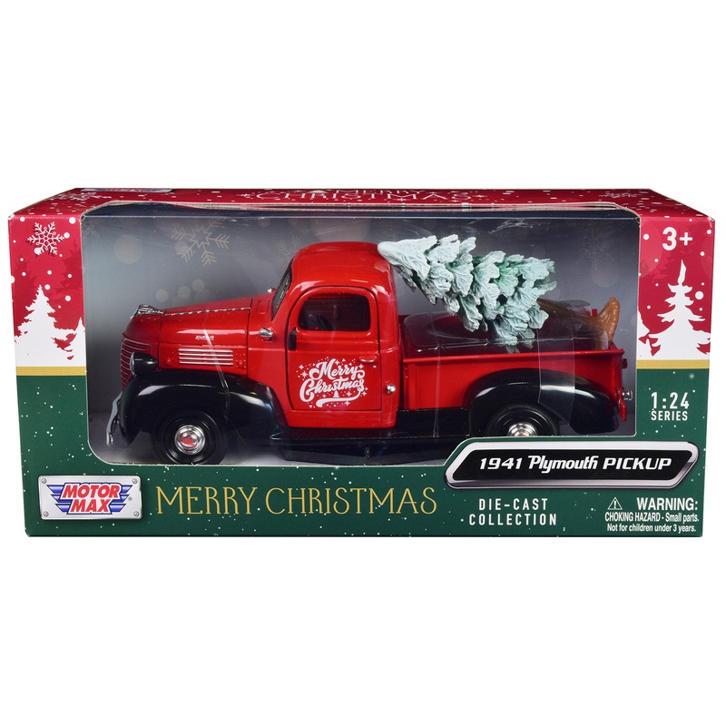 1941 Plymouth Pickup Truck Red and Black “Merry Christmas” with Tree Accessory 1/24 Diecast Model Car by Motormax