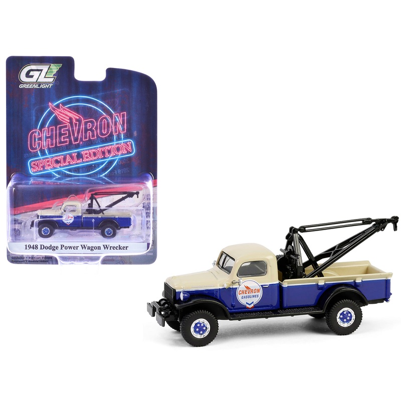 1948 Dodge Power Wagon Wrecker Tow Truck Beige and Blue “Chevron Special Edition” Series 1 1/64 Diecast Model Car by Greenlight