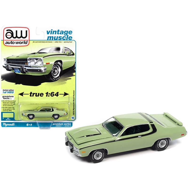 1973 Plymouth Road Runner 440 Mist Green with Black Stripes and Green Interior “Vintage Muscle” Limited Edition to 14910 pieces Worldwide 1/64 Diecast Model Car by Auto World