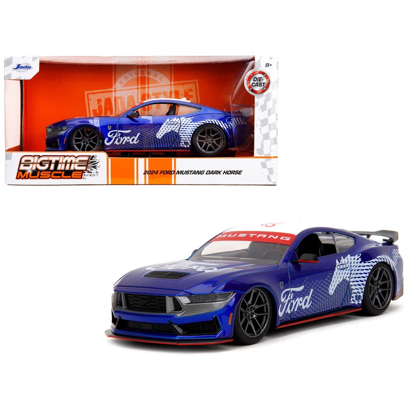 2024 Ford Mustang Dark Horse Candy Blue with White Top and “Mustang Horse Graphics” “Bigtime Muscle” Series 1/24 Diecast Model Car by Jada