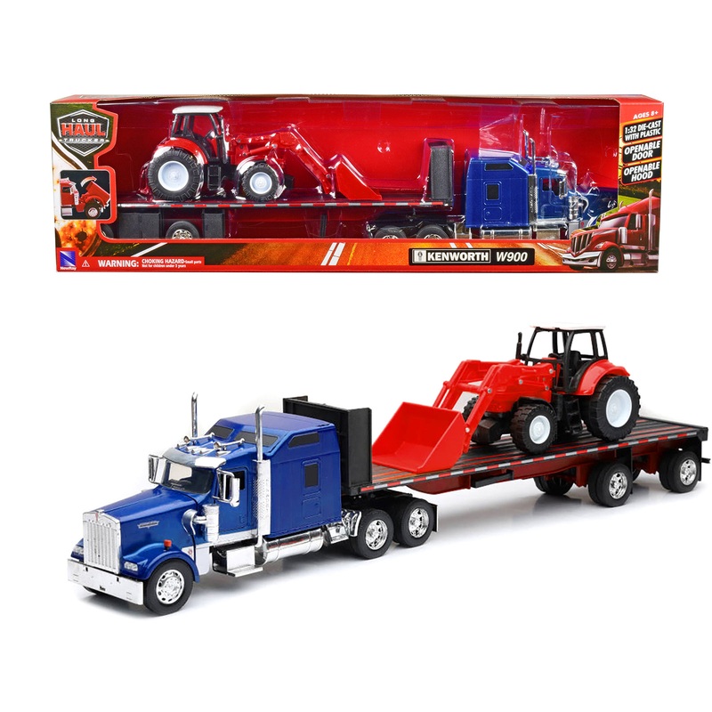 Kenworth W900 Truck with Flatbed Trailer Blue Metallic with Farm Tractor Red “Long Haul Truckers” Series 1/32 Diecast Model by New Ray