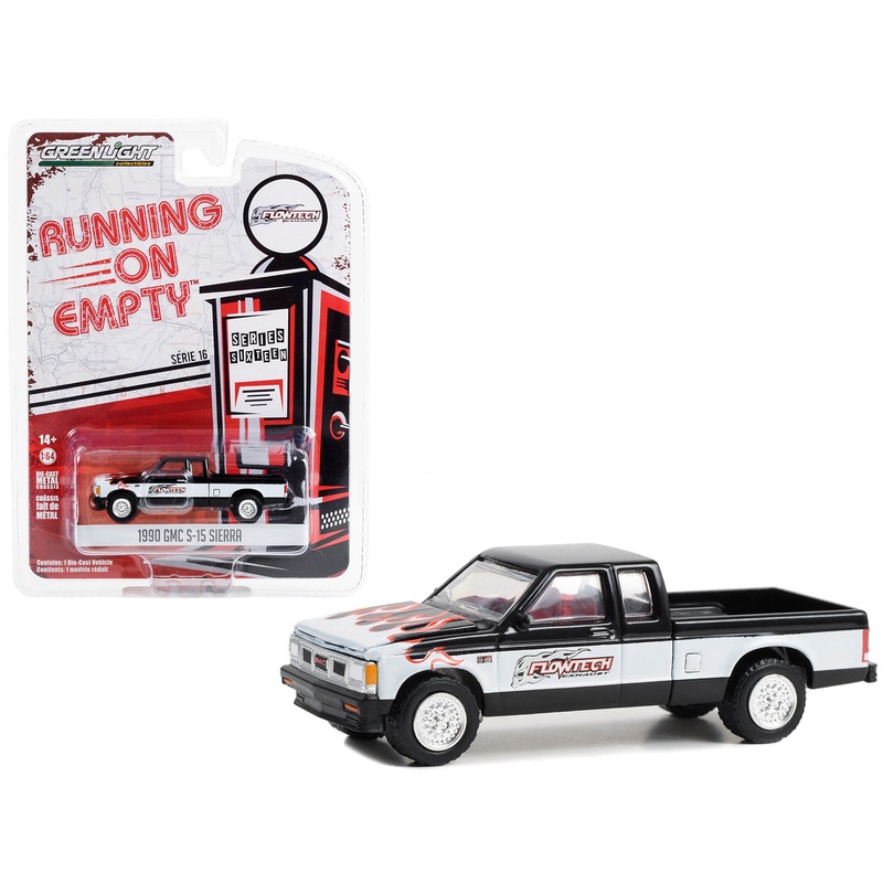 1990 GMC S-15 Sierra Pickup Truck Black and White with Flames “Flowtech Exhaust” “Running on Empty” Series 16 1/64 Diecast Model Car by Greenlight