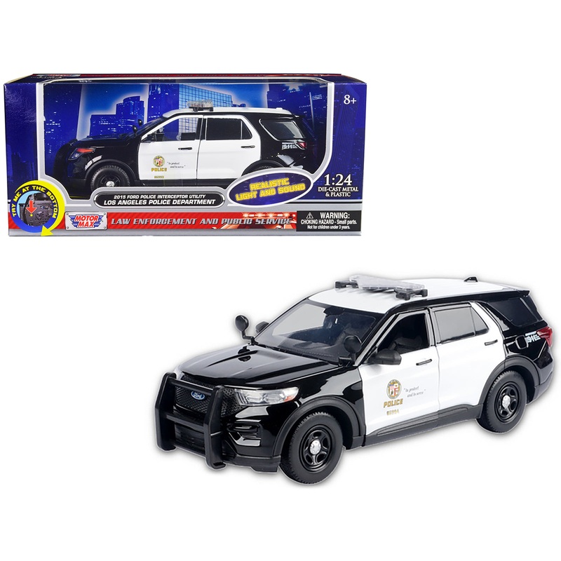 2015 Ford Police Interceptor Utility Black and White “Los Angeles Police Department (LAPD)” with Flashing Light Bar and Front and Rear Lights and Sounds 1/24 Diecast Model Car by Motormax