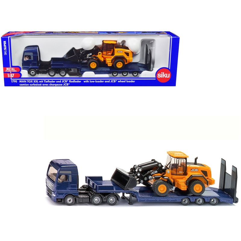 MAN Truck Blue Metallic with Low Loader Trailer and JCB 457 Wheel Loader Yellow 1/87 (HO) Diecast Model by Siku