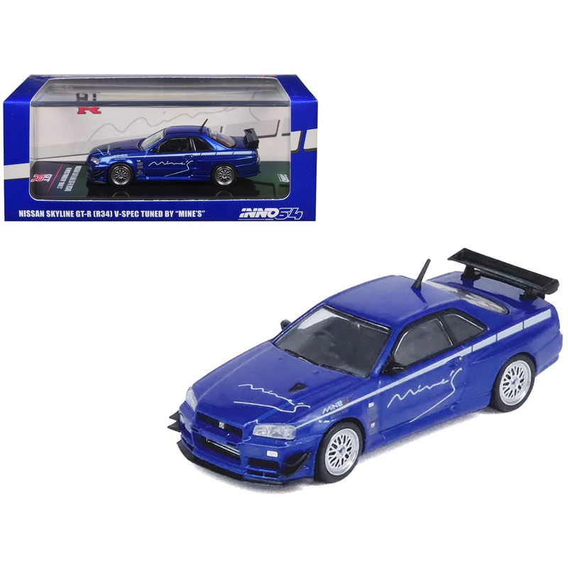 Nissan Skyline GT-R (R34) V-SPEC RHD (Right Hand Drive) “Tuned by Mine’s” Blue Metallic 1/64 Diecast Model Car by Inno Models