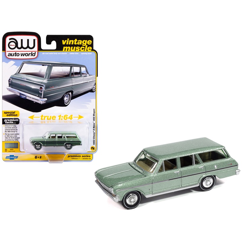 1963 Chevrolet II Nova 400 Wagon Laurel Green Metallic “Vintage Muscle” Series 1/64 Diecast Model Car by Auto World