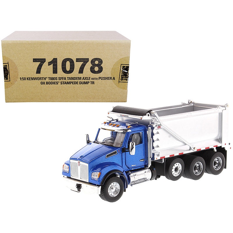 Kenworth T880S SFFA Tandem Axle with Pusher Axle OX Stampede Dump Truck Blue and Chrome “Transport Series” 1/50 Diecast Model by Diecast Masters