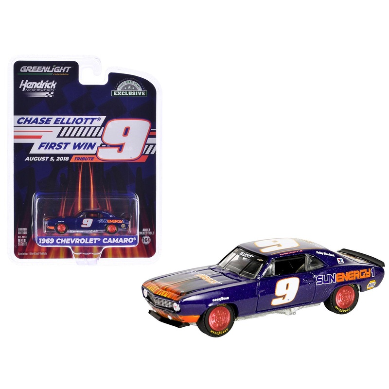1969 Chevrolet Camaro #9 “Chase Elliott – Hendrick Motorsports First Win Tribute” Purple Metallic with Flames “Hobby Exclusive” Series 1/64 Diecast Model Car by Greenlight