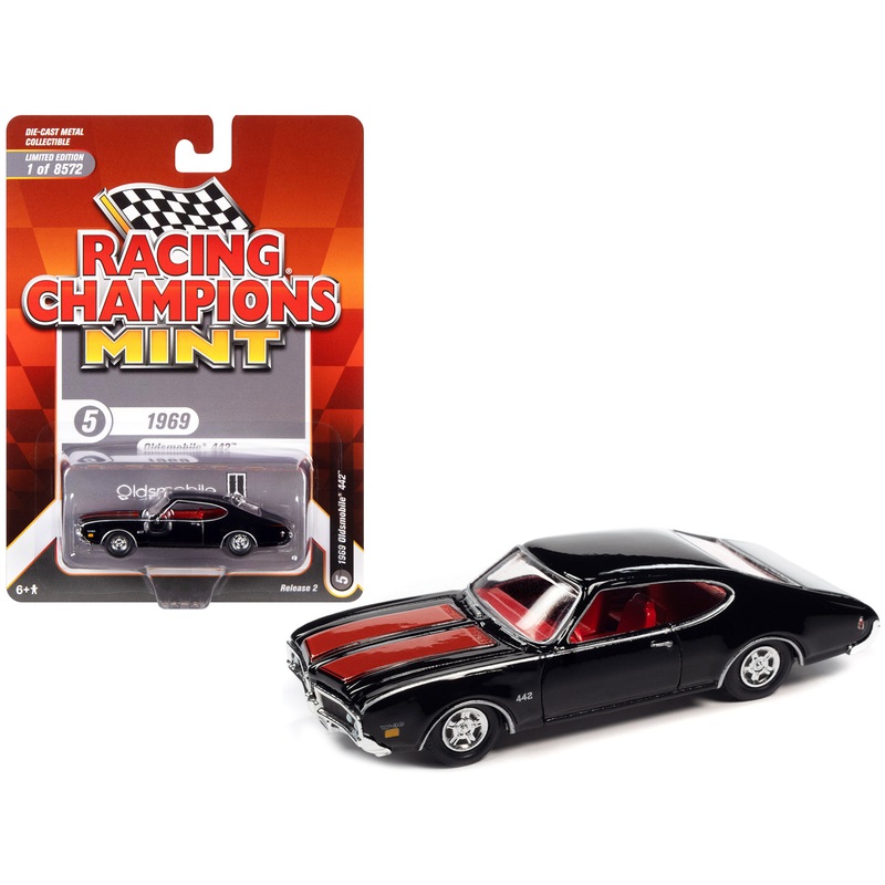 1969 Oldsmobile 442 Black with Red Stripes and Red Interior “Racing Champions Mint 2022” Release 2 Limited Edition to 8572 pieces Worldwide 1/64 Diecast Model Car by Racing Champions