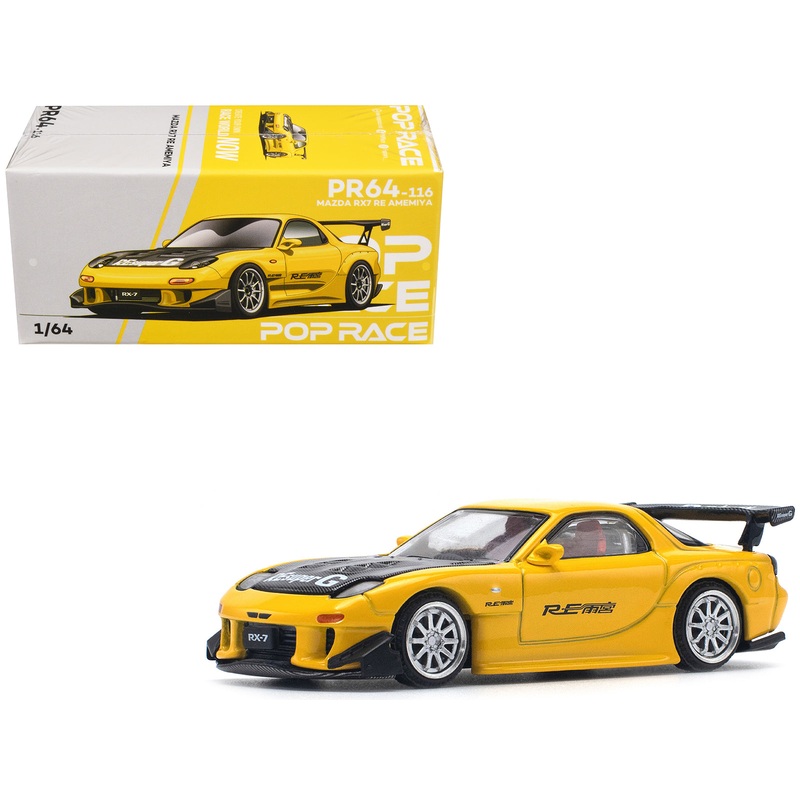Mazda RX7 (FD) “RE Amemiya” Widebody RHD (Right Hand Drive) Yellow with Carbon Hood 1/64 Diecast Model Car by Pop Race