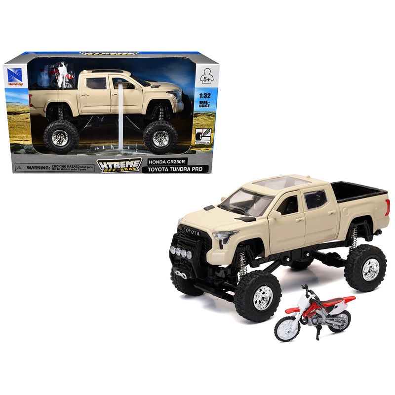 Toyota Tundra Pro Pickup Truck Tan and Honda CR250R Motorcycle Red and White “Xtreme Off-Road” Series 1/32 Diecast Models by New Ray