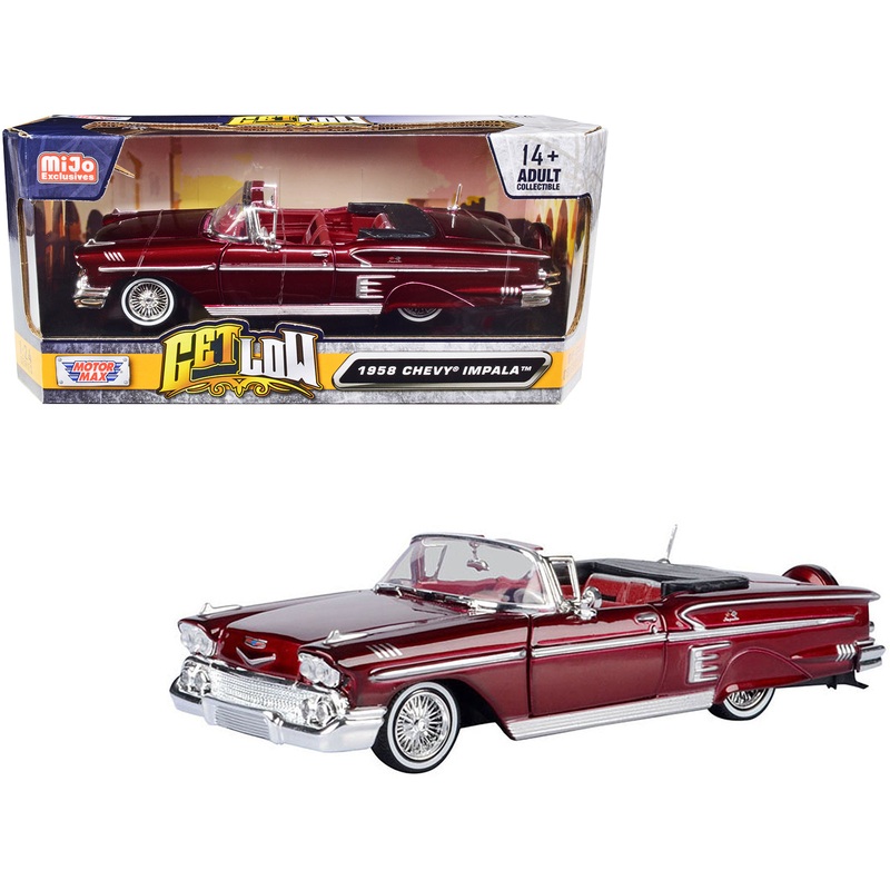 1958 Chevrolet Impala Convertible Lowrider Dark Red Metallic with Red Interior “Get Low” Series 1/24 Diecast Model Car by Motormax