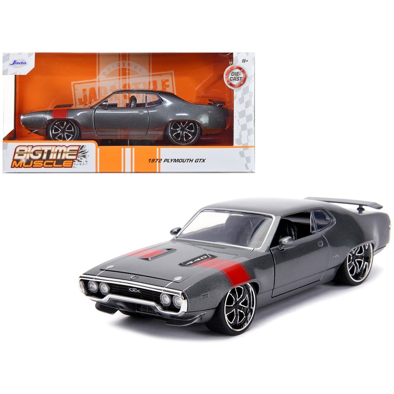 1972 Plymouth GTX 440 Metallic Gray with Red Stripe “Bigtime Muscle” 1/24 Diecast Model Car by Jada