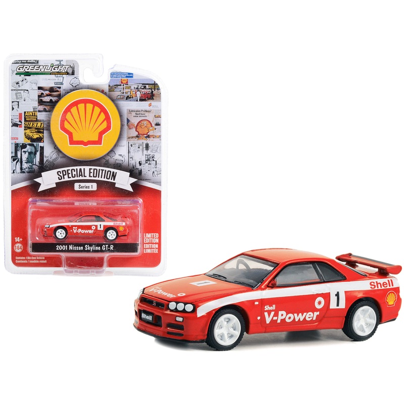 2001 Nissan Skyline GT-R (R34) #1 Red with White Stripes “Shell Racing” “Shell Oil Special Edition” Series 1 1/64 Diecast Model Car by Greenlight