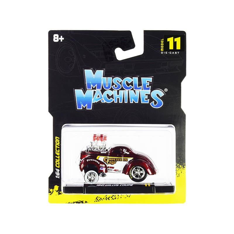 1941 Willys Coupe Gasser “Competition Cams” Red Metallic and White 1/64 Diecast Model Car by Muscle Machines