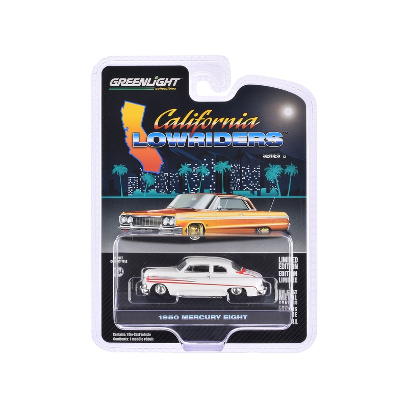 1950 Mercury Eight Coupe Matt White with Orange Stripes “California Lowriders” Series 6 1/64 Diecast Model Car by Greenlight