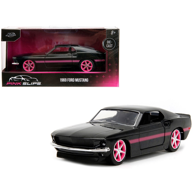 1969 Ford Mustang Black Metallic with Pink Stripes and Wheels “Pink Slips” Series 1/32 Diecast Model Car by Jada