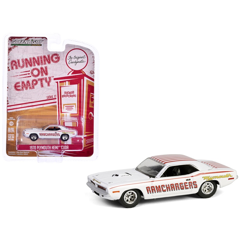 1970 Plymouth Hemi Barracuda “Ramchargers” White with Red Stripes “Running on Empty” Series 17 1/64 Diecast Model Car by Greenlight
