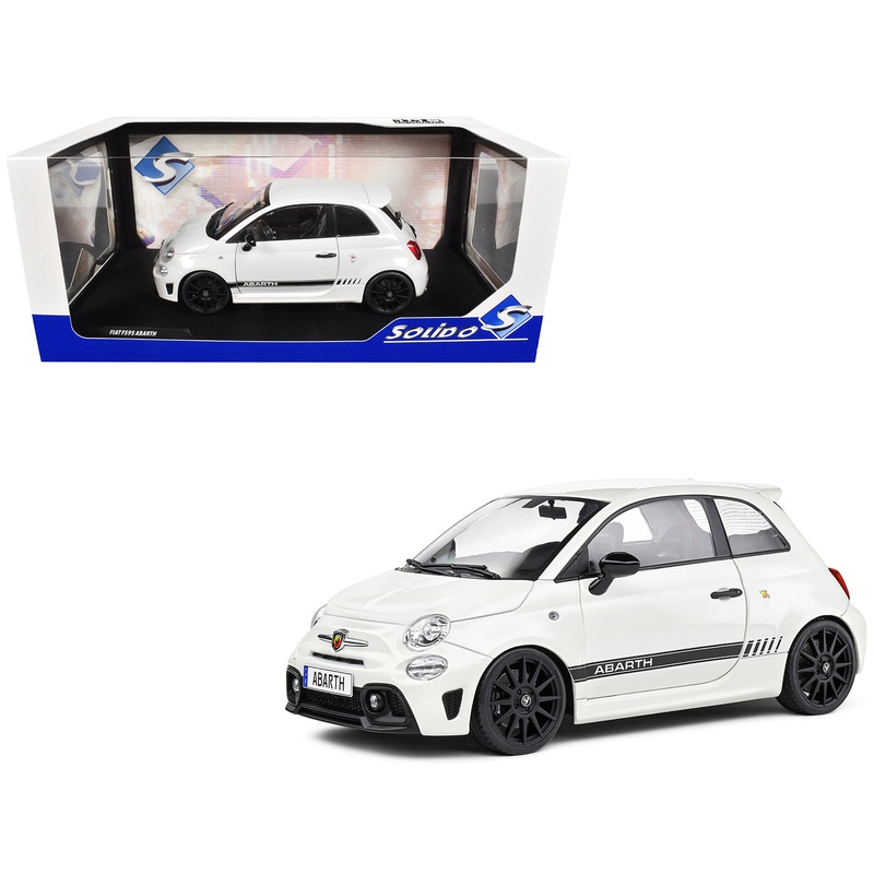 2022 Fiat F595 Abarth Ghiaccio White with Black Stripes 1/18 Diecast Model Car by Solido