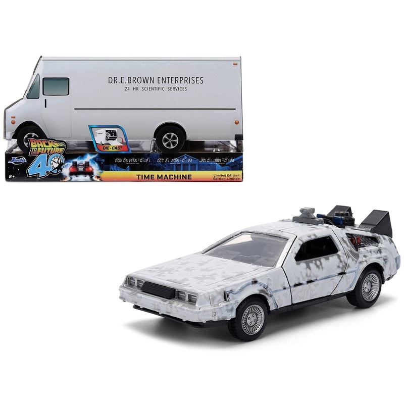DMC DeLorean Time Machine Brushed Metal (Frost Version) “Back to the Future” (1985) Movie “40th Anniversary” Special Packaging “Hollywood Rides” Series 1/32 Diecast Model Car by Jada