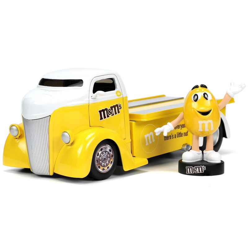 1947 Ford COE Flatbed Truck Yellow Metallic with White Top and Yellow M&M Diecast Figure “M&M’s” “Hollywood Rides” Series 1/24 Diecast Model Car by Jada