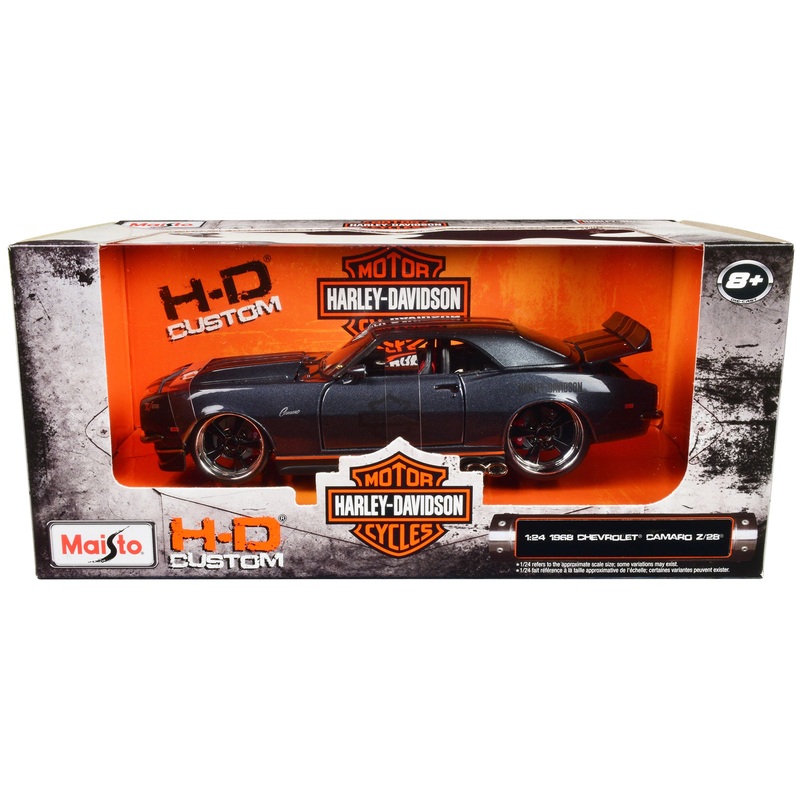 1968 Chevrolet Camaro Z/28 Dark Gray Metallic with Black and Orange Stripes “Harley Davidson” “H-D Custom” 1/24 Diecast Model Car by Maisto