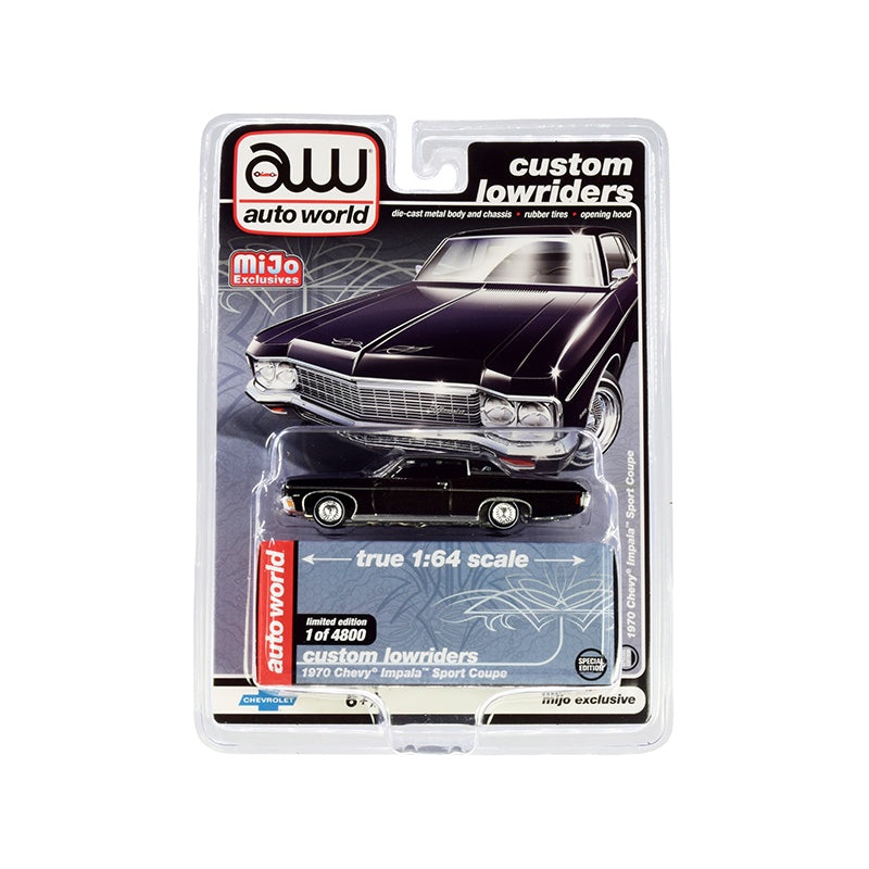 1970 Chevrolet Impala Sport Coupe Black “Custom Lowriders” Limited Edition to 4800 pieces Worldwide 1/64 Diecast Model Car by Auto World