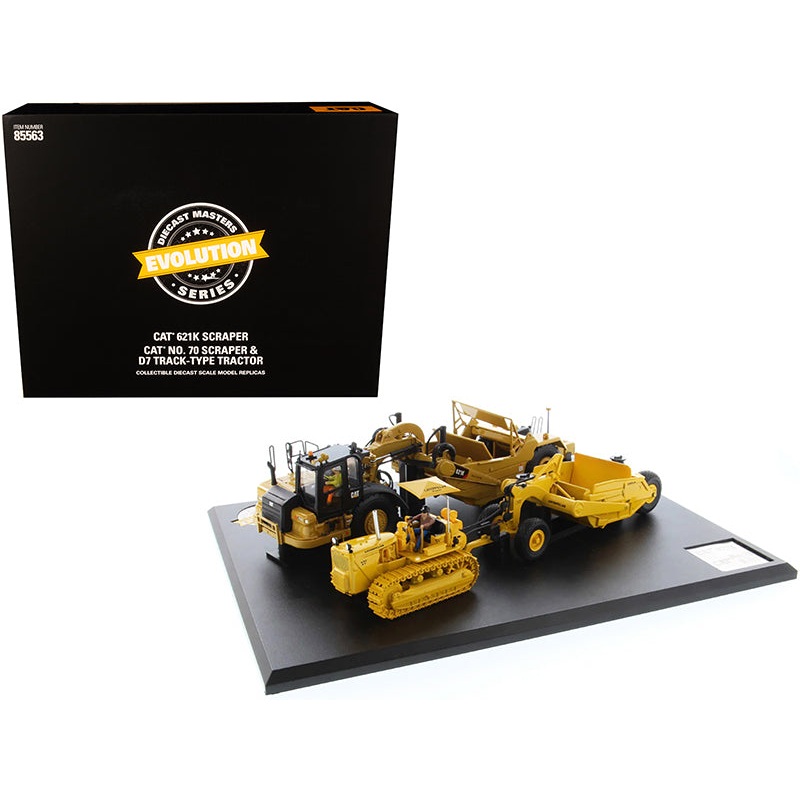 CAT Caterpillar 621K Tractor Scraper and CAT Caterpillar D7 Track-Type Tractor with No. 70 Scraper Set “Evolution Series” 1/50 Diecast Models by Diecast Masters